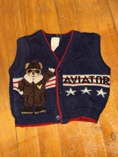 Vintage B.T. Kids Navy 'Aviator' Embroidered Teddy Bear Knit Vest 6/9m 985348