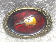 6 String Guitar Buckle Red Enamel Gold Trim Oval Leaves Great Vintage Condition