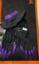 WITCH ACCESSORY SET HAT/HEADBAND, SPIDER BAND, GLOVES SHIMMERING PURPLE NAILS