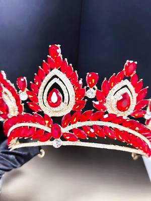 Quinceanera Crown, Red Rhinestone Crown, Large Size Crown, Gold Crystal Crown il_fullxfull.6275373877_d53m.jpg main image 4