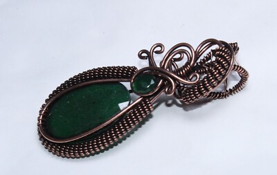 Wire Warp Copper Emerald Onyx Handmade Gemstone Pendant Jewellery Size 2 Inches