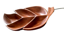 Vnt Dish Serving Platter MCM Wooden Hand Carved Leaf Shaped Tray 5 Sectional