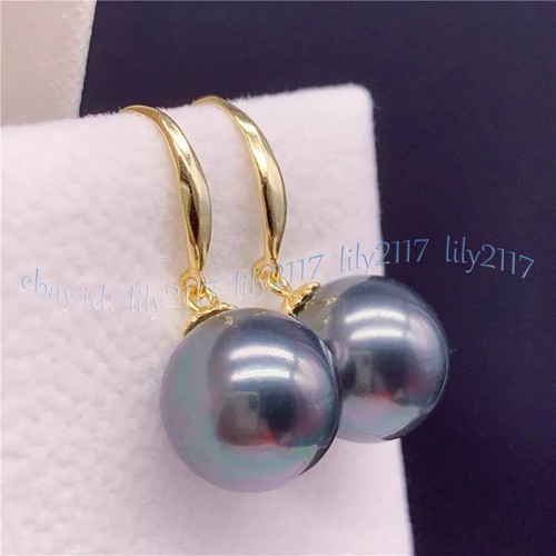 Huge 16mm Round Australian South Sea Rainbow Black Shell Pearl Earrings 14k Gold - Picture 3 of 6