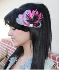 Fascinator feather clip Gray Hot Pink Fuchsia Black bridal photo prop headdress