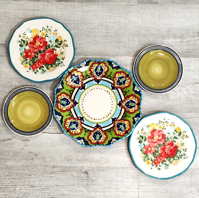5 Pc Colorful Mismatched Plates Lot Gallery Wall Collection Green Red Turquoise