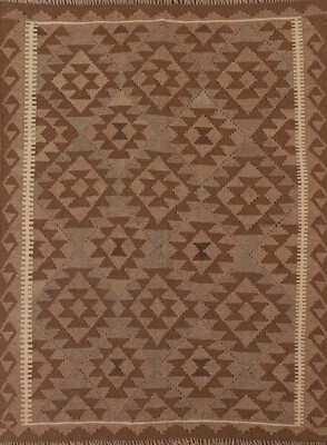 Tribal Geometric Reversible Kilim Kelim Brown Rug 5x6 Wool Hand-Woven Carpet