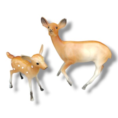 Vintage Celluloid Deer Doe And Fawn Blow Mold Hand Painted Figurine 