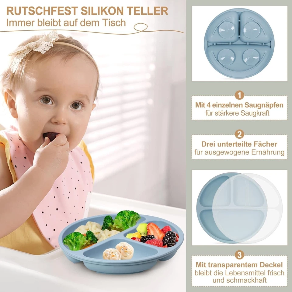 Baby Geschirrset 7-teilig mit Saugnapf Rutschfest Silikon Kind Blau B500 - Bild 3 von 4