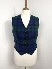 Vintage Green Blue 100% Pure Wool Tartan Plaid Scottishwaistcoat Vest Uk 12 14