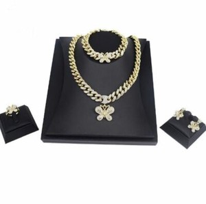 Authentic Gold Plated Butterfly Cuban Link Set Butterfly Pendant Bracelet Dangle Studs Her