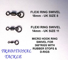 MATT BLACK  FLEXI RING SWIVELS SIZE 8, 11 &  MICRO HOOK SIZE 22 - 360° & D-RIGS