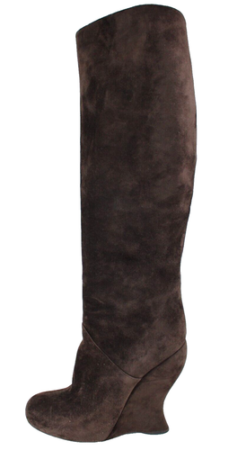 BOTTEGA VENETA Chocolate Brown Suede Almond-Toe Wedge Knee-High Boots 40