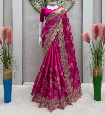 FASTNFREE Pink embroidery silk saree indian women wedding party wear bridal designer sari