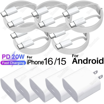 For iPhone 15 16 Android USB-C To USB C Nylon Cable 20W PD Fast Charger Cube Lot