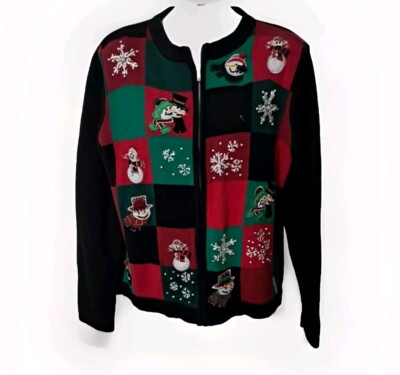 Basic Editions Holiday Womens Cardigan Sweater Christmas  Black Medium Vtg