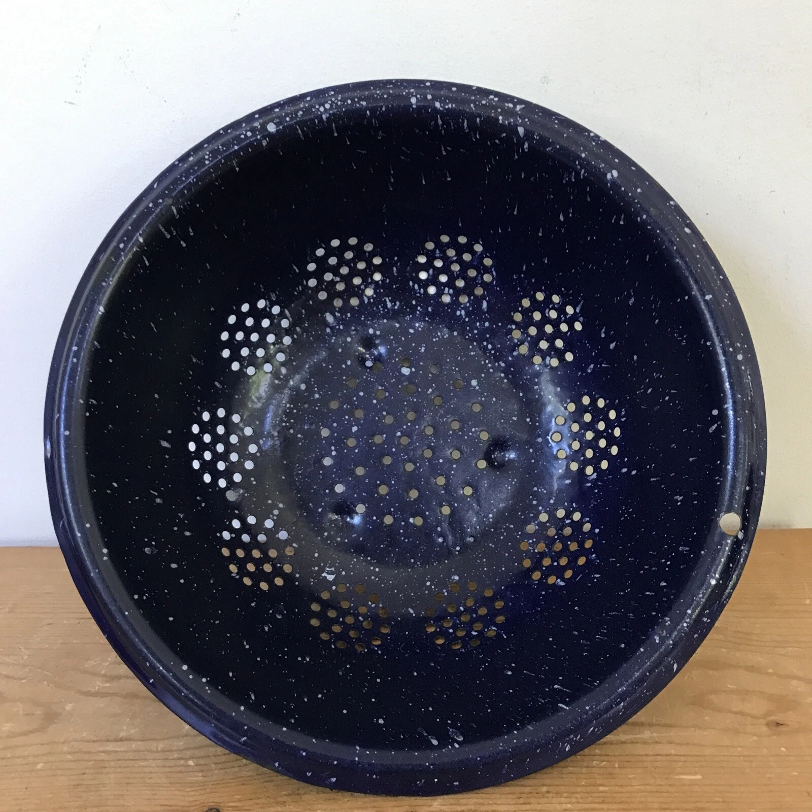 Vtg Antique Navy Blue Enamelware Graniteware Speckled Colander Strainer 11"
