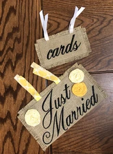Just Married Embroidered Burlap Wedding Sign & Bonus Cards Sign Handmade Yellow
