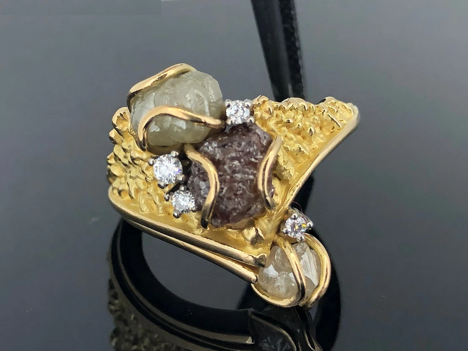 Unikat Ring 2.2ct Rohdiamanten + Brillanten Goldminen Nugget Design Gold 750