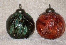2 Pc Shatter Proof Green  Orange Ball w/Leaves Christmas Ornaments - New