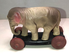 Vintage Celluloid Elephant Pull Toy Wood Wheels Marked USA Pre- Occupied Japan