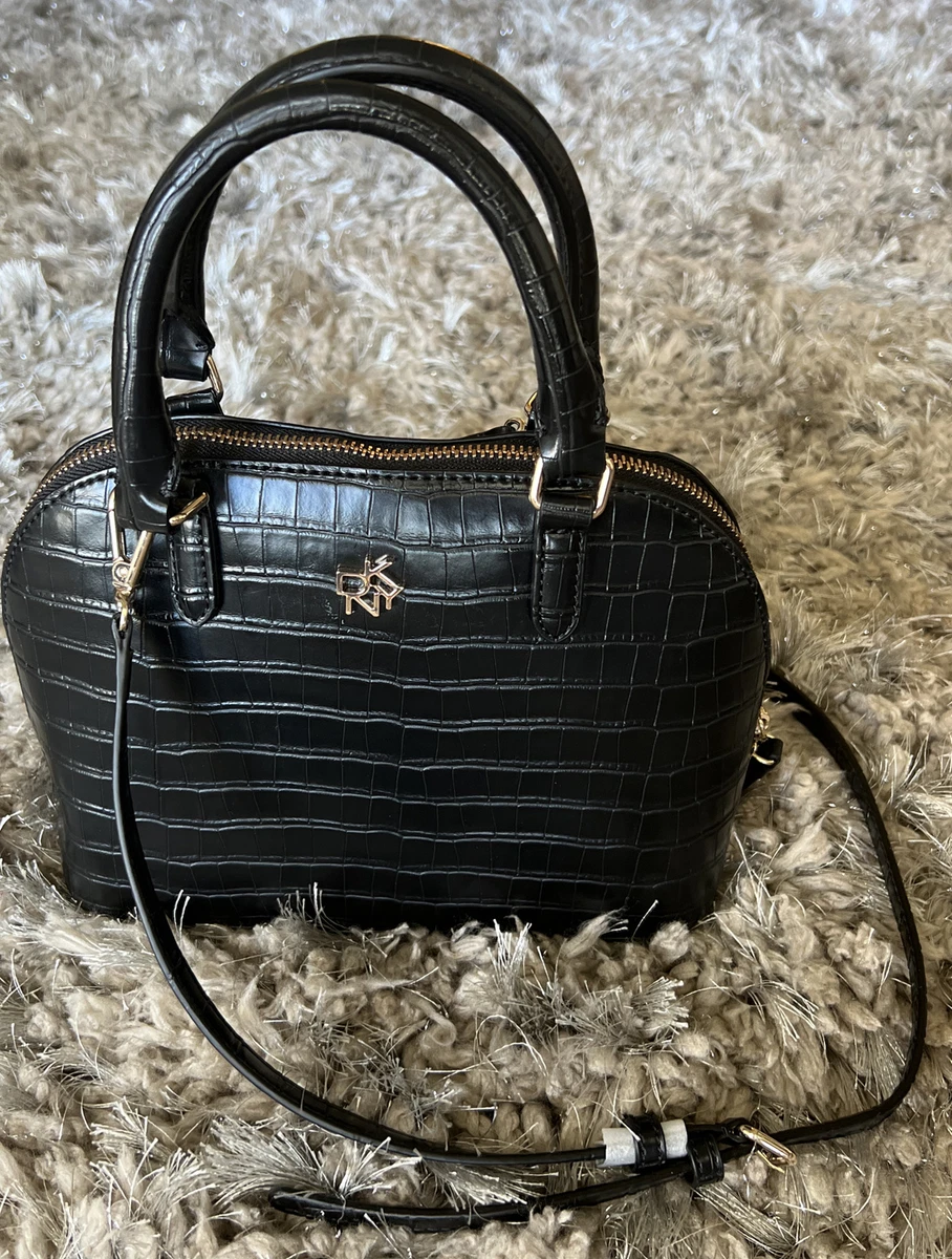 DKNY Catherine Dome Black Gold Croc Embossed Satchel Handbag MSRP 178 NWT