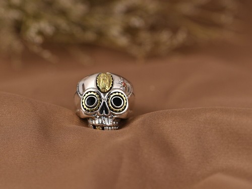 Gothic Sterling Silver Sugar Skull Ring Red Stone Accent Modern Calavera Ring - Picture 10 of 15
