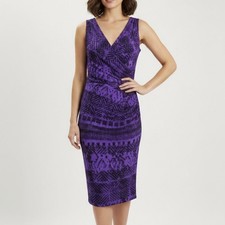 Ralph Lauren Purple Surplice V Neck Geometric Sleeveless Stretch Dress Size 14