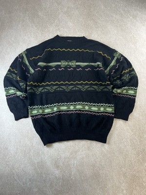 Vintage 80er 90er Green Coast Pullover Herren Geometrisches Muster Strickpullover Italy L