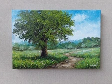 Old Oak and Flower Field – Peaceful Path Landscape, Handmade Oil Painting