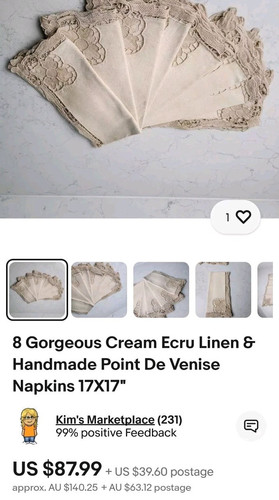 Vintage 40cm Beige Burano Needlelace Point De Venise Lace 12 Napkins Never Used - Bild 11 von 11