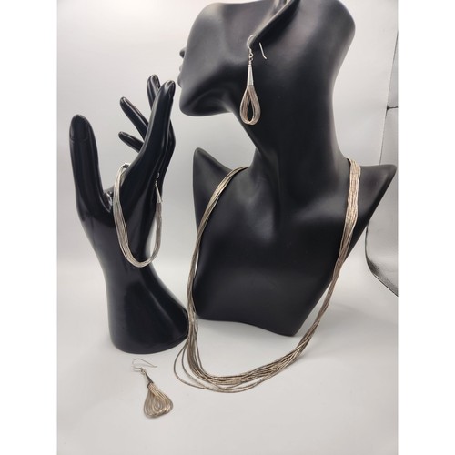 Sterling Silver Liquid Silver Multi Strand Necklace Bracelet Earring Set 925