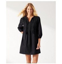 Tommy Bahama Black Salina Key Tasseled Embroidered Cotton Poplin Dress size M