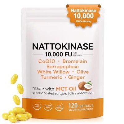 Nattokinase 10,000 FU with MCT Oil, 120 Enteric Coated Softgels | Triple Enzyme