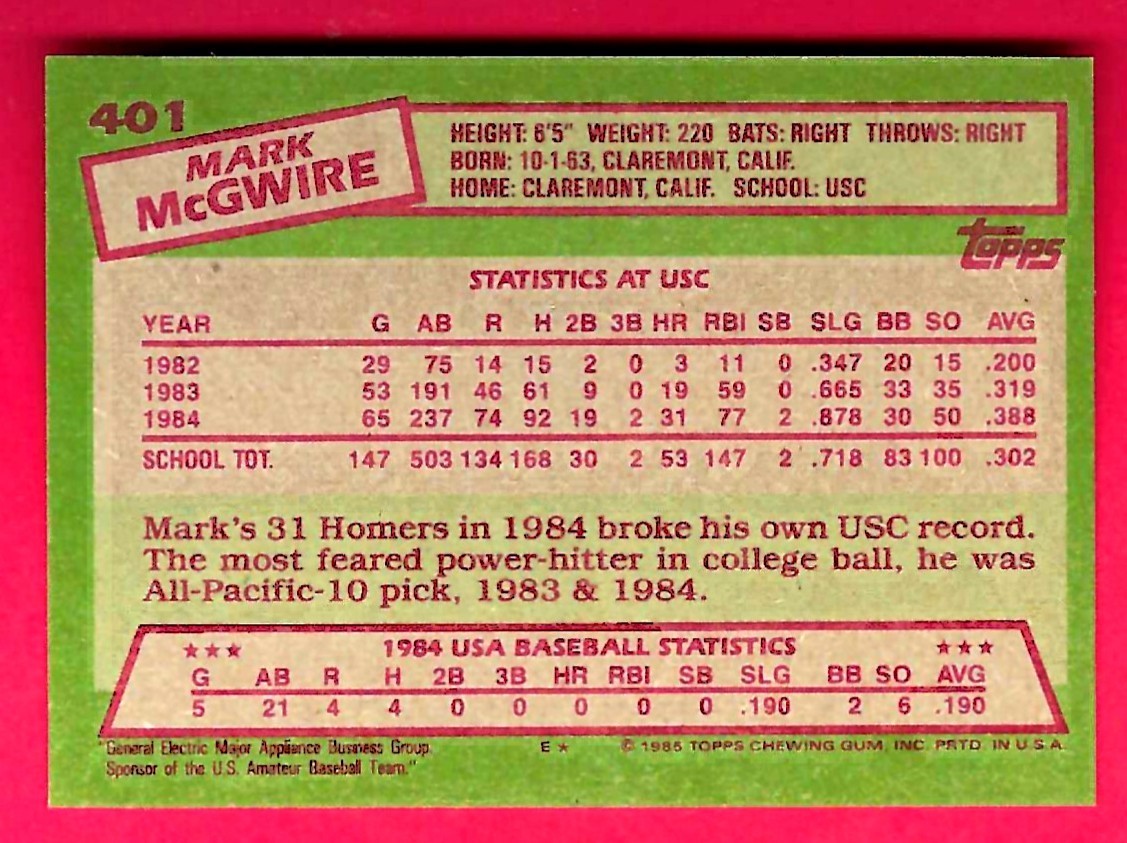1985 Topps #401 Mark McGWIRE * NM/Mt or better view 2