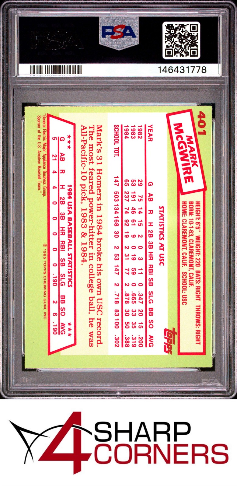 1985 TOPPS TIFFANY #401 MARK McGWIRE RC 84 USA BASEBALL TEAM PSA 7 view 2
