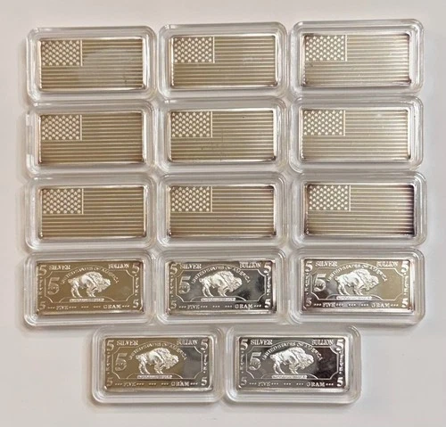 Lot of 14 Mixed -5-gram Fine Silver .999 Bullion Bar Flags & Buffalo in capsules