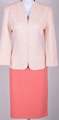 ST.JOHN Women Tweed Cream Coral Orange Zip Jacket & Skirt Sz 10-12