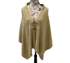Womens Vintage Cableknit Wrap Poncho Cape Cottagecore Boho Chic Tan  One Size