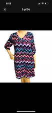 Skies Are Blue Multicolor Chevrons Print 3/4 Sleeve Lining V-Neck Dress Sz M