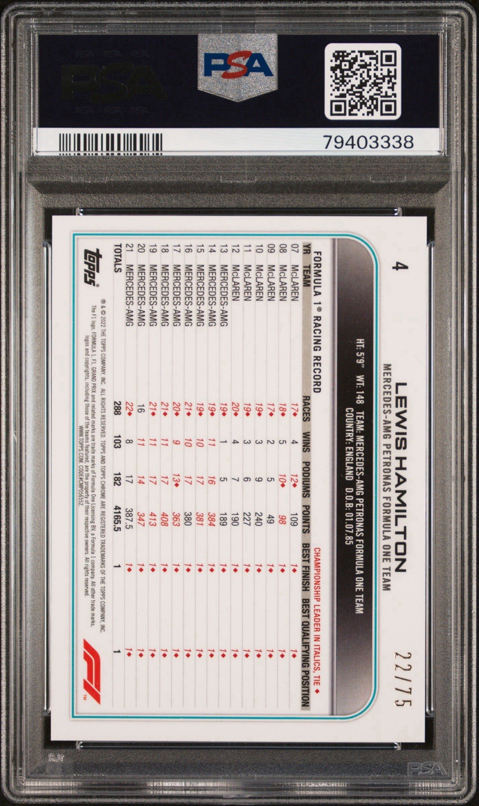 2022 Topps Chrome F1 Sapphire Edition Green SSP #4 Lewis Hamilton /75 PSA 10 view 3