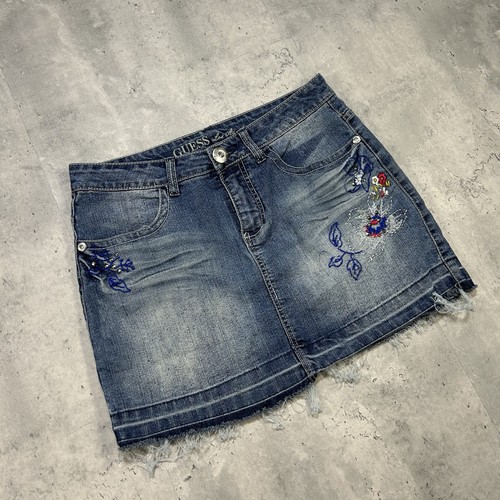 Vintage Guess 90s Low Rise Stretch Denim Micro Mini Skirt 16 Denim Patch - Picture 2 of 8
