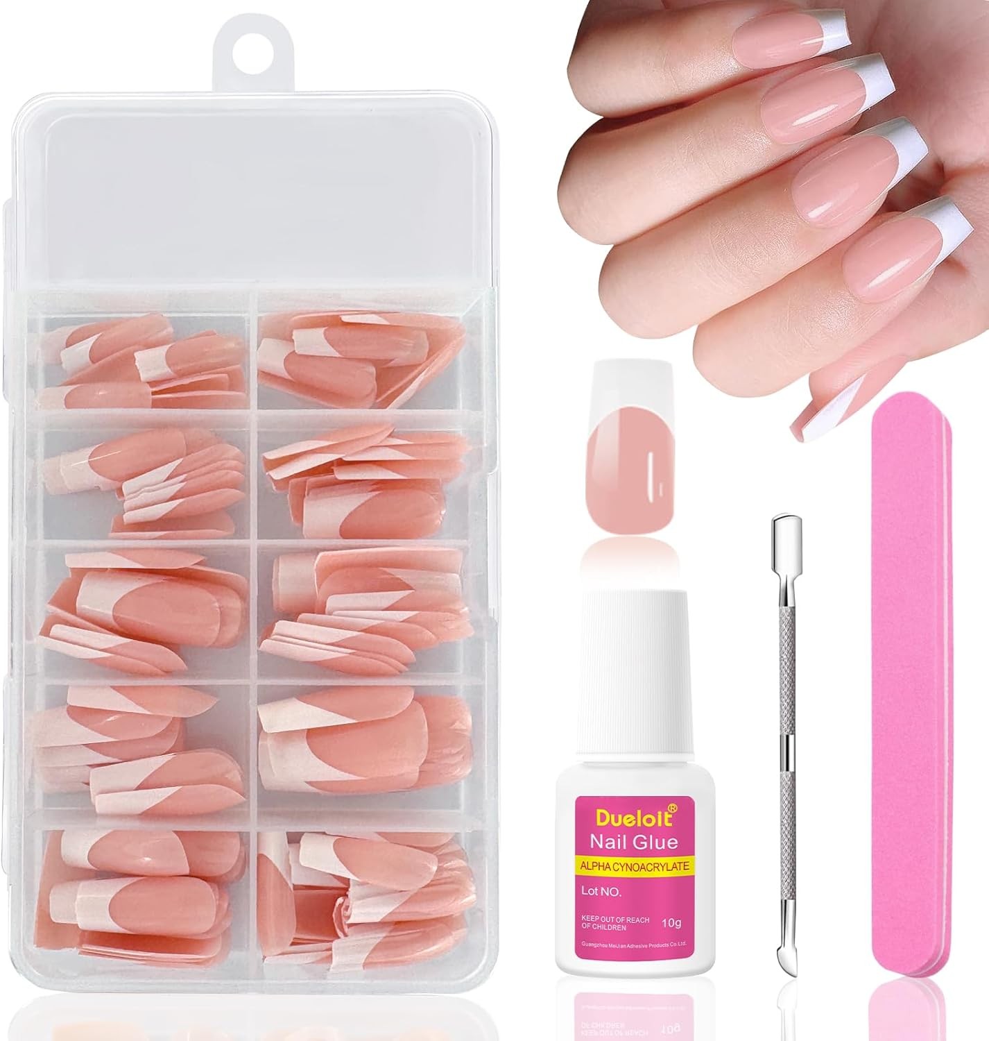 120Pcs French Tip False Nails Square, Medium Long Press on Nails Nude Color Acr