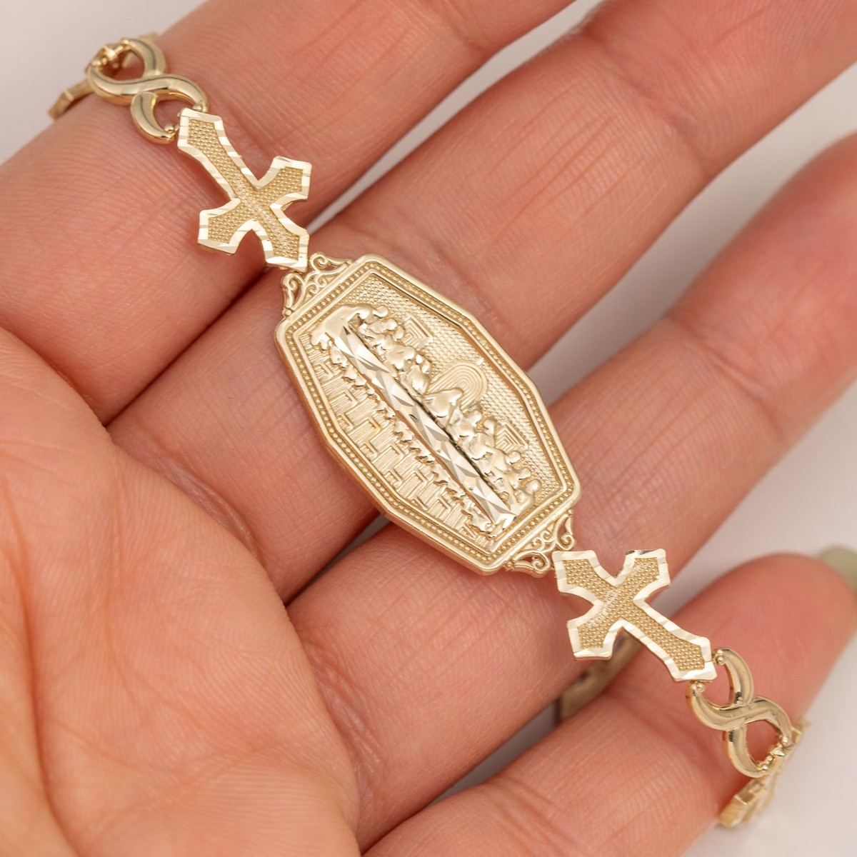 SOLID 10K Bracelet Last Supper Cross Infinity Link Yellow Gold 7.5