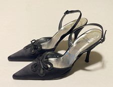 Stuart Weitzman Embellished Bow Black Satin S...