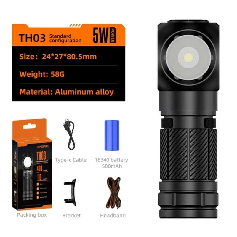 Superfire TH03 – Linterna Recargab Mini para cabeza o Ángulo Recto 460 lm USB‑C - Imagen 2 de 2