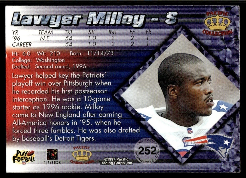 1997 Pacific Lawyer Milloy New England Patriots #252 19673 - Image 2 of 2
