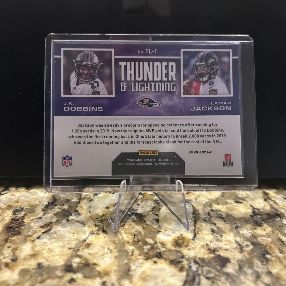 2020 Panini Playoff #TL-1 Thunder Lightning Pink Dobbins / Lamar Jackson Ravens - Image 2 of 2