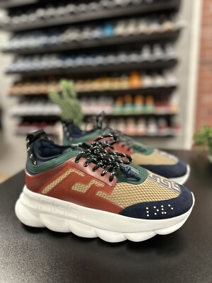 VERSACE Burgundy/Camel Chain Reaction Sneakers Size 9 $1075 Saks