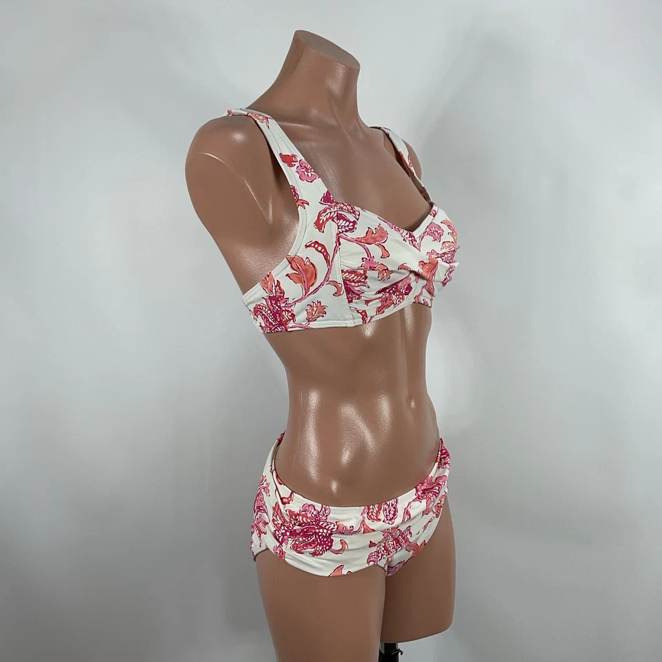 LANDS' END Swimsuit Bikini Top 6 bottom 4 Floral Paisley White Pink Orange 2 pc - Image 3 of 4