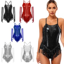 Women Dance Party Dancewear ChaCha Bodysuit Rhinestone Sequin Samba Unitard